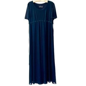 Vintage Deep Teal Shimmery Tie Waist Floral Detail Maxi Dress